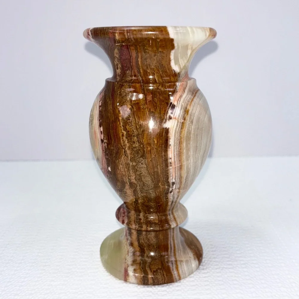 Vintage Onyx Marble Bud Vase Brown Cream Banded Polished Stone Urn 6 Inch